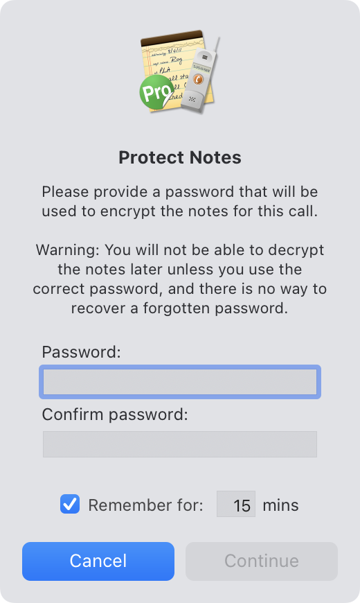 Secure Notes Password Dialog