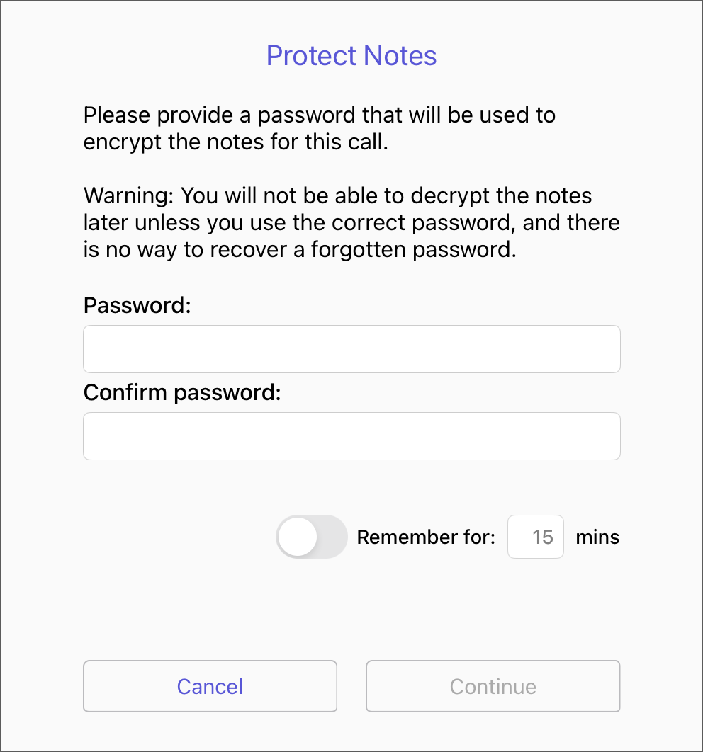 Secure Notes Password Dialog