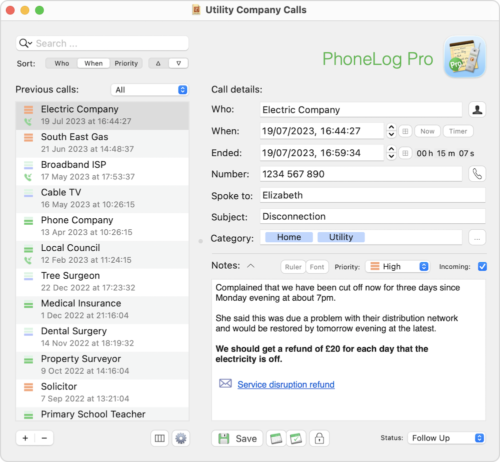 PhoneLog Pro Screenshot